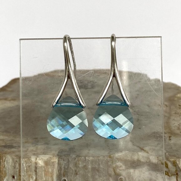 Sterling Silver Felicia Designs FD 925 Faceted Pear Blue Glass Dangle Earrings - Picture 1 of 16